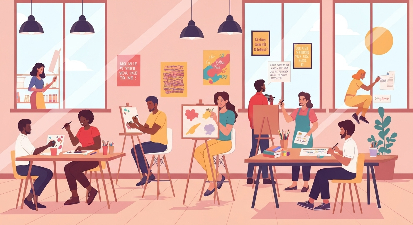 A cartoon illustration showing a lively art class with several people of different genders and ethnicities. They are working on various art projects, including painting on canvases at easels and sketching at tables, in a sunlit room with posters on the walls. A cartoon illustration showing a lively art class with several people of different genders and ethnicities. They are working on various art projects, including painting on canvases at easels and sketching at tables, in a sunlit room with posters on the walls.