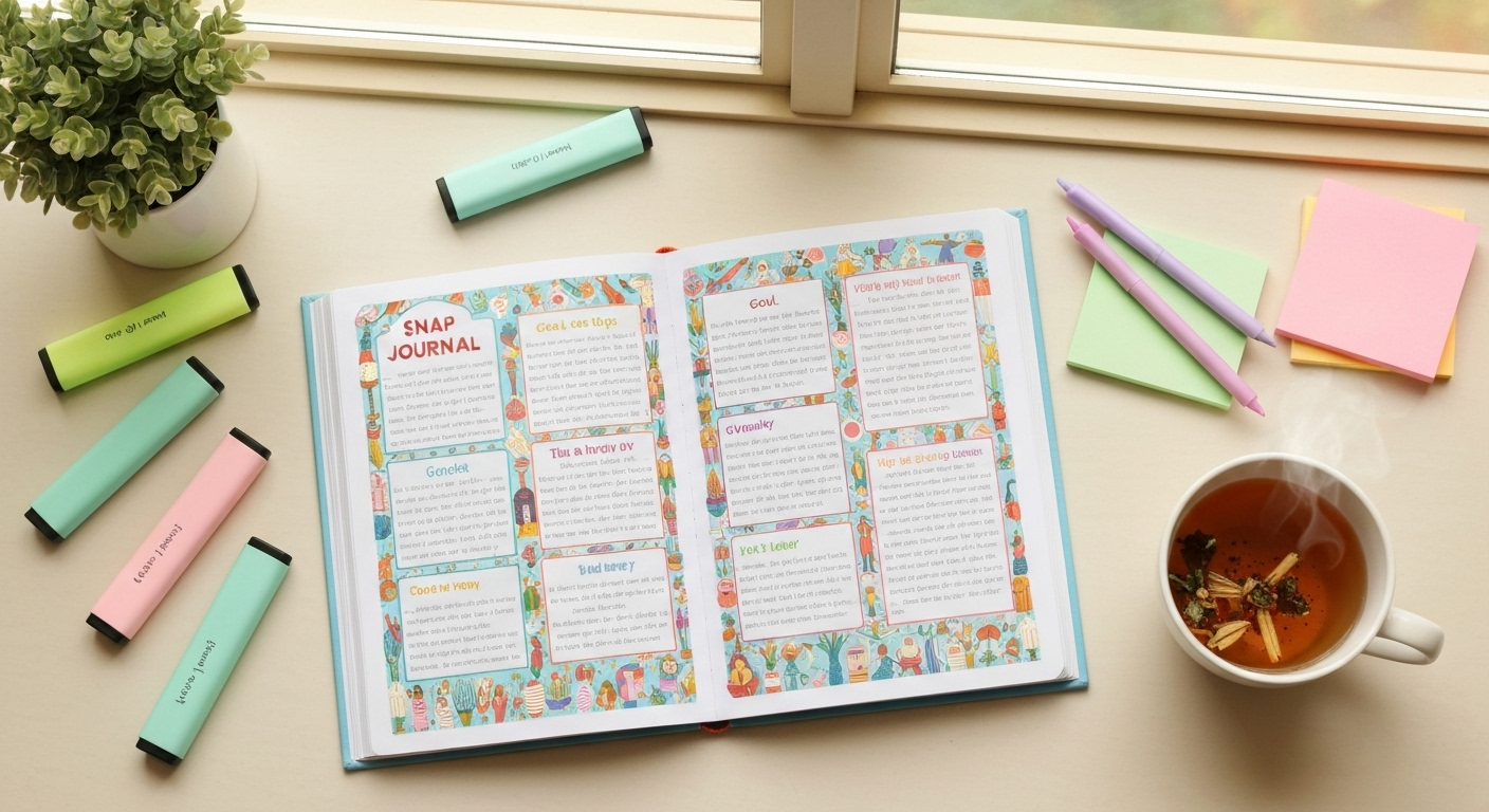 An open 'Snap Journal' with colorful pages, surrounded by highlighters, pens, sticky notes, and a cup of tea on a desk.
