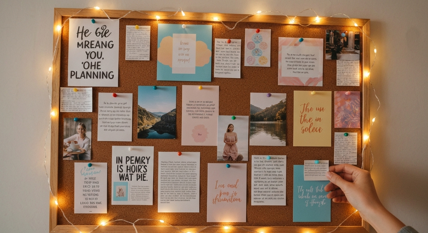 A bulletin board decorated with twinkling lights, covered in various notes, photos, and inspirational quotes.