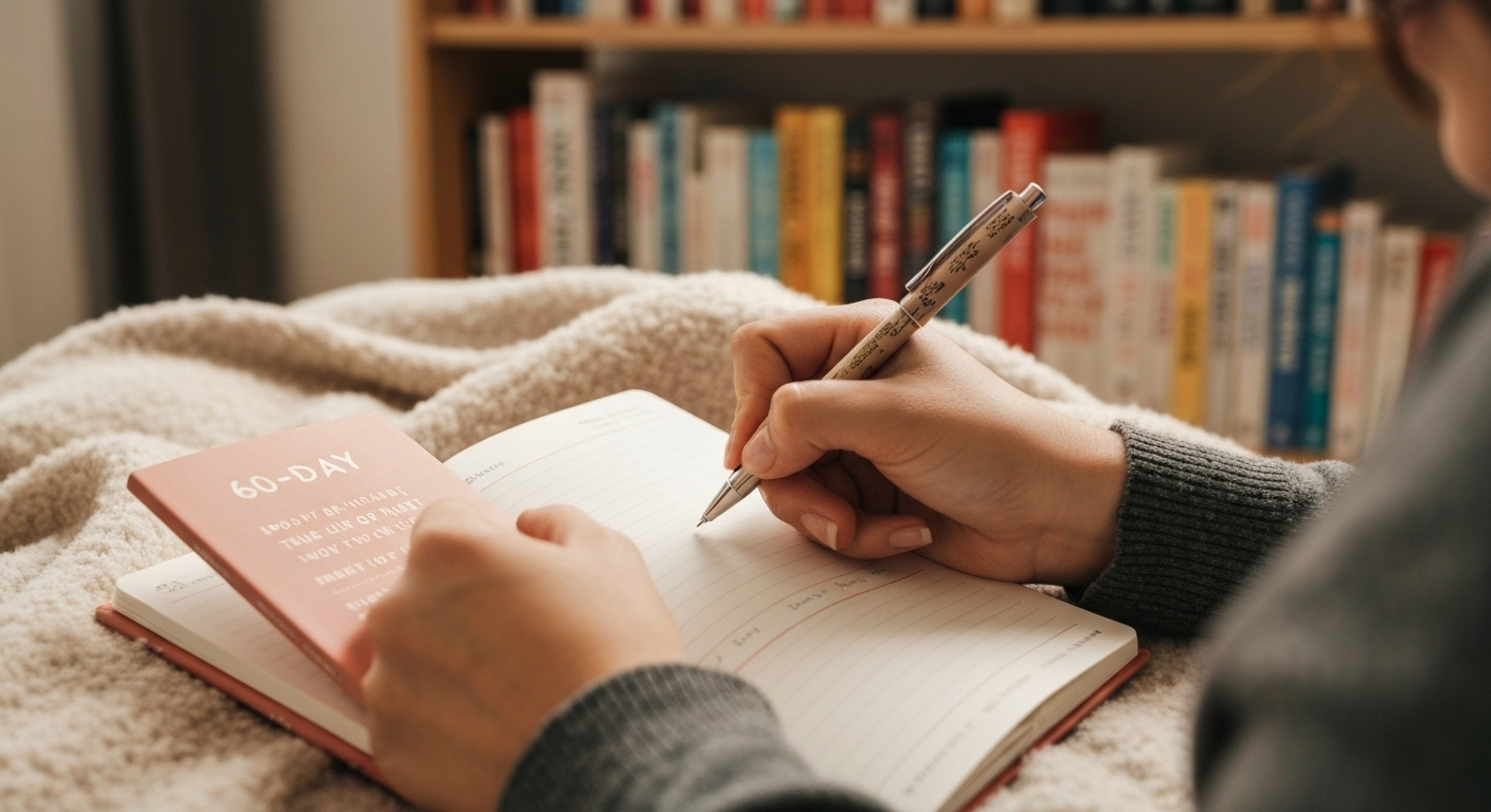 A person writing in a small, open journal with a pink cover, with a bookshelf in the background.