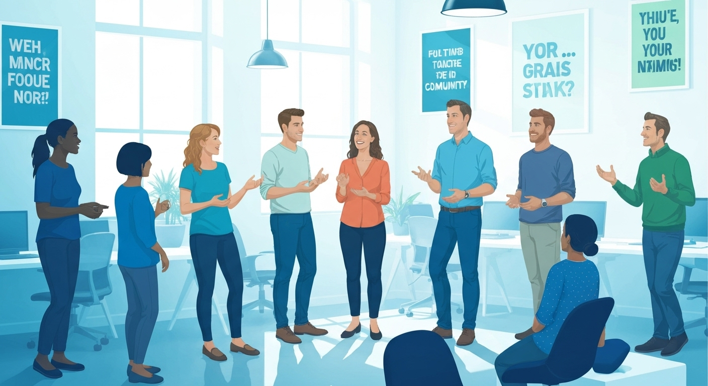 A diverse group of men and women are standing and talking in a modern office space. The office has large windows and a clean aesthetic with light blue walls. Several posters hang on the walls with nonsensical, gibberish text on them. The people are casually dressed in blue and green shirts and jeans. A diverse group of men and women are standing and talking in a modern office space. The office has large windows and a clean aesthetic with light blue walls. Several posters hang on the walls with nonsensical, gibberish text on them. The people are casually dressed in blue and green shirts and jeans.