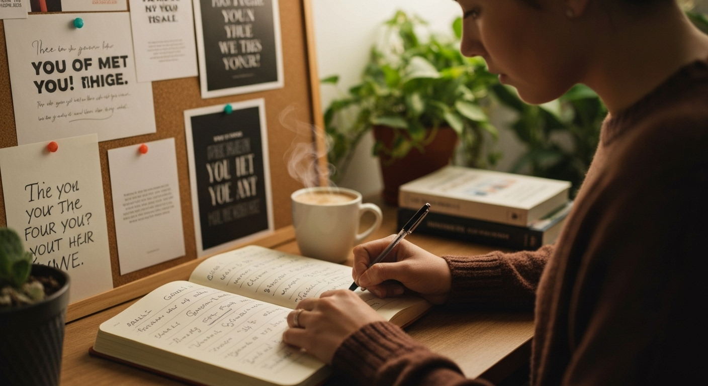 A person with short hair, wearing a brown sweater, is sitting at a wooden desk and writing in a large open notebook with a pen. A steaming mug of coffee or tea is on the desk next to the notebook. In the background, a cork board is covered with several black and white posters and papers with text on them. There are also a few potted plants on the desk. A person with short hair, wearing a brown sweater, is sitting at a wooden desk and writing in a large open notebook with a pen. A steaming mug of coffee or tea is on the desk next to the notebook. In the background, a cork board is covered with several black and white posters and papers with text on them. There are also a few potted plants on the desk.