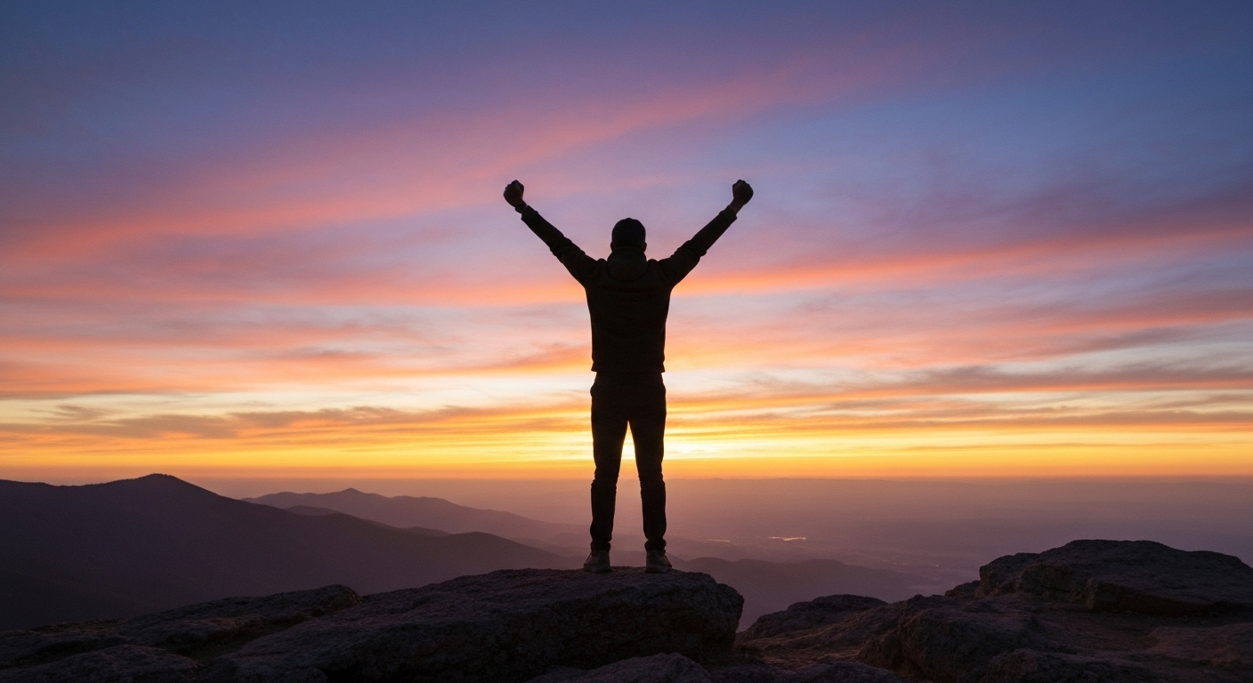A silhouette of a person stands on a rocky mountaintop with their arms raised in the air in a gesture of victory or triumph. They are facing away from the camera, looking out over a stunning mountain and valley landscape at sunset. The sky is a dramatic blend of orange, yellow, and purple clouds. A silhouette of a person stands on a rocky mountaintop with their arms raised in the air in a gesture of victory or triumph. They are facing away from the camera, looking out over a stunning mountain and valley landscape at sunset. The sky is a dramatic blend of orange, yellow, and purple clouds.
