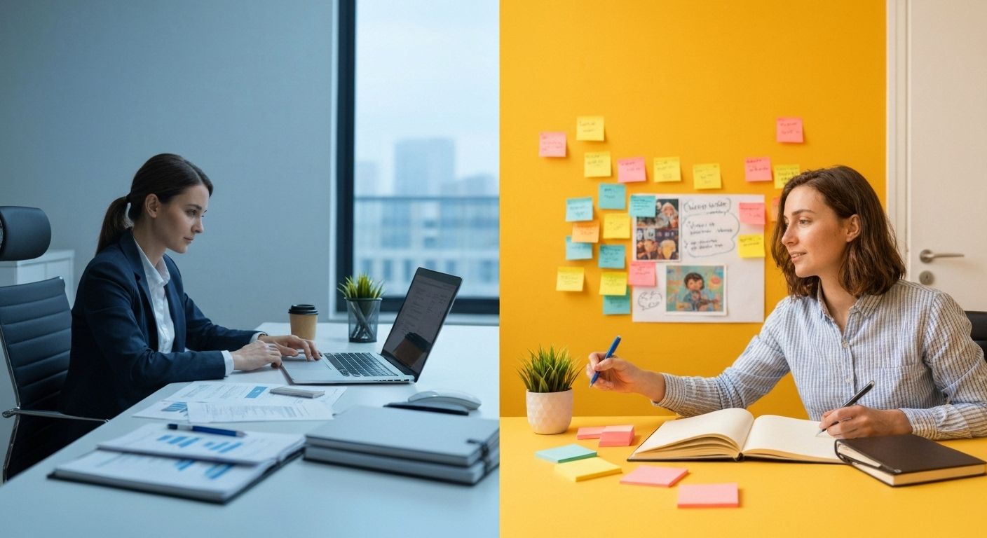 A split-screen image showing a woman working in a formal office setting on one side and the same woman working in a creative, colorful home office on the other, symbolizing balancing a corporate job and a creative side hustle
