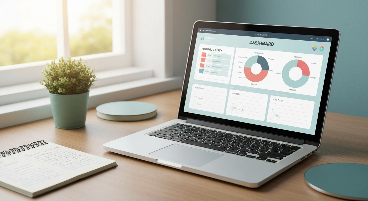 A modern laptop sits open on a light wooden desk, displaying a dashboard with various charts, graphs, and to-do lists. To the left of the laptop is a spiral-bound notebook with some handwriting on its pages and a small potted plant. The desk is placed in front of a window with bright sunlight streaming in, illuminating the scene. The overall color palette is light and clean, with a focus on blues, greens, and warm wood tones