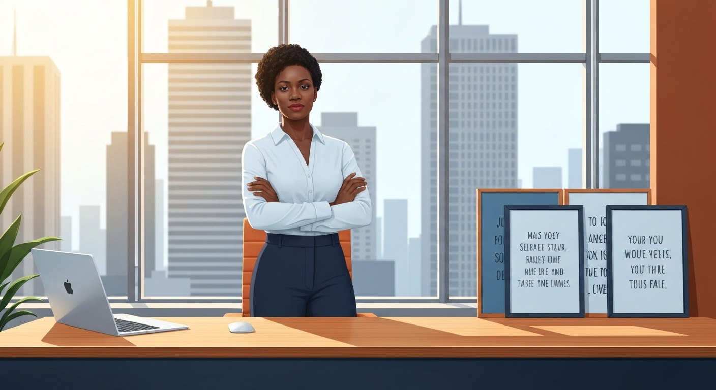 A confident Black woman with an afro hairstyle stands behind a modern wooden desk in an office. She is wearing a white collared shirt and dark trousers and has her arms crossed. Behind her is a large window with a view of a city skyline with tall buildings. On the desk, there is a silver laptop, a white mouse, and three framed posters with nonsensical, gibberish text on them. The sun is shining brightly, casting a warm glow on the scene. A confident Black woman with an afro hairstyle stands behind a modern wooden desk in an office. She is wearing a white collared shirt and dark trousers and has her arms crossed. Behind her is a large window with a view of a city skyline with tall buildings. On the desk, there is a silver laptop, a white mouse, and three framed posters with nonsensical, gibberish text on them. The sun is shining brightly, casting a warm glow on the scene.