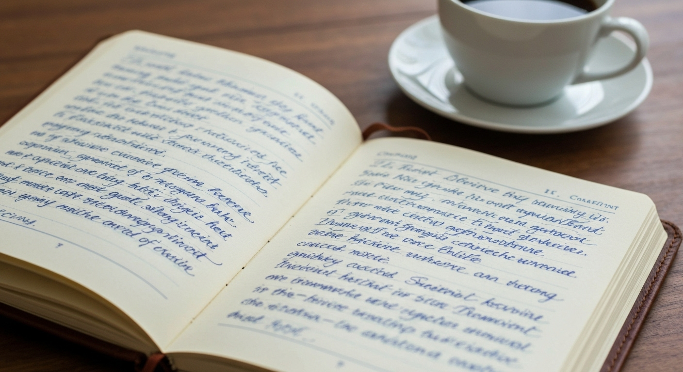A close-up, high-angle shot of a leather-bound journal open to a two-page spread. The pages are filled with cursive handwriting in blue ink, with some sections underlined. A white teacup and saucer filled with a dark beverage are in the upper right corner, partially visible on a wooden table. A close-up, high-angle shot of a leather-bound journal open to a two-page spread. The pages are filled with cursive handwriting in blue ink, with some sections underlined. A white teacup and saucer filled with a dark beverage are in the upper right corner, partially visible on a wooden table.
