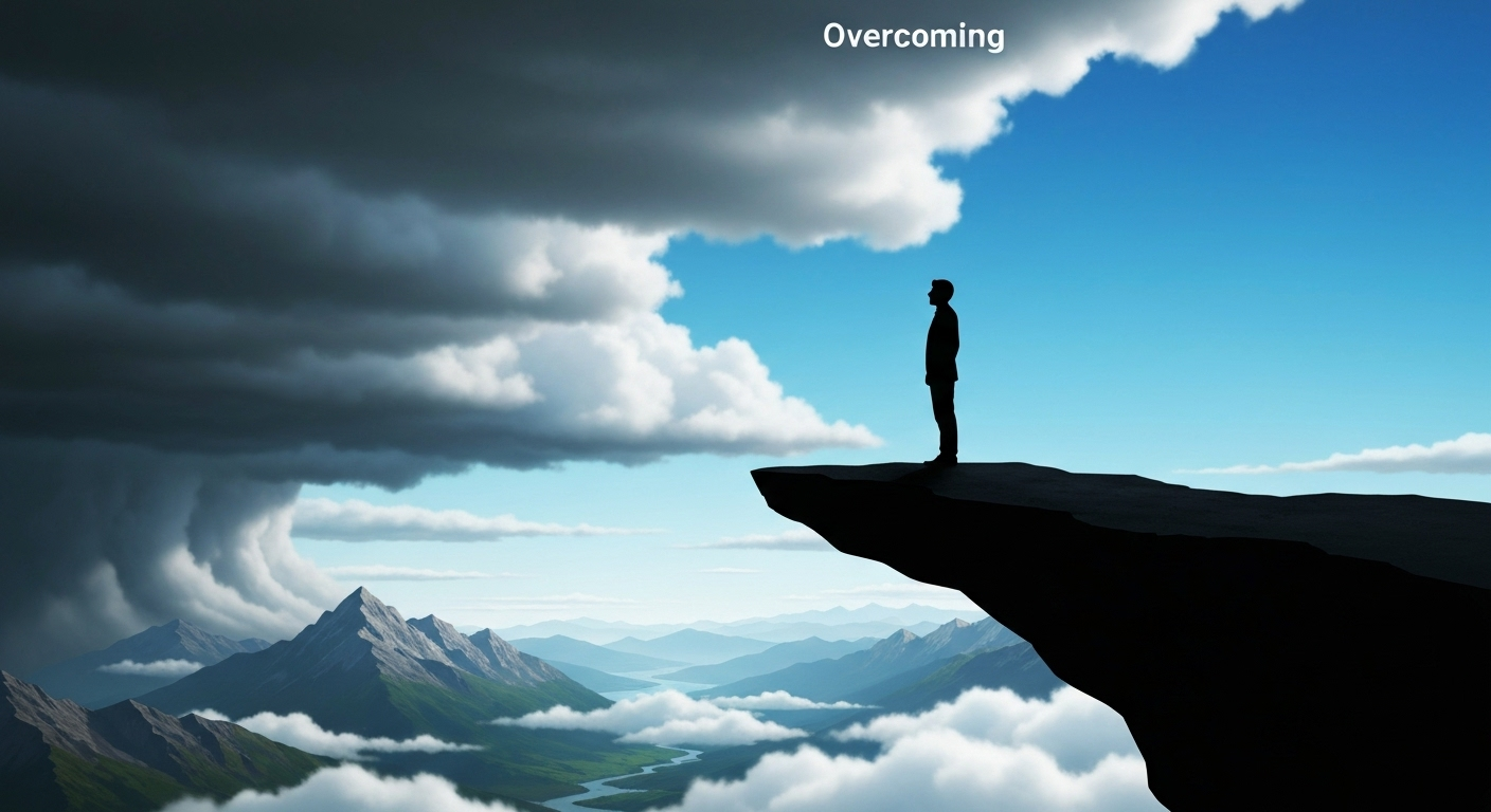 A silhouette of a person stands on the edge of a jagged cliff overlooking a vast valley with a winding river. A dramatic storm system with dark, swirling clouds looms over the left side of the scene, while the right side is clear with a bright blue sky and fluffy white clouds. The word "Overcoming" is written in white text at the top of the image A silhouette of a person stands on the edge of a jagged cliff overlooking a vast valley with a winding river. A dramatic storm system with dark, swirling clouds looms over the left side of the scene, while the right side is clear with a bright blue sky and fluffy white clouds. The word "Overcoming" is written in white text at the top of the image